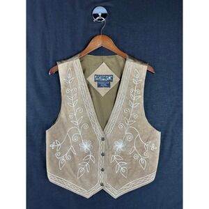 Agapo Collection Vintage Suede Leather Embroidered Vest Tan Western Floral L